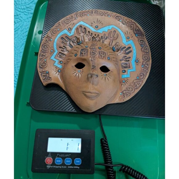 Handcrafted Terracotta Wall Mask Tribal Cactus Design Blue Accents - Picture 13 of 13